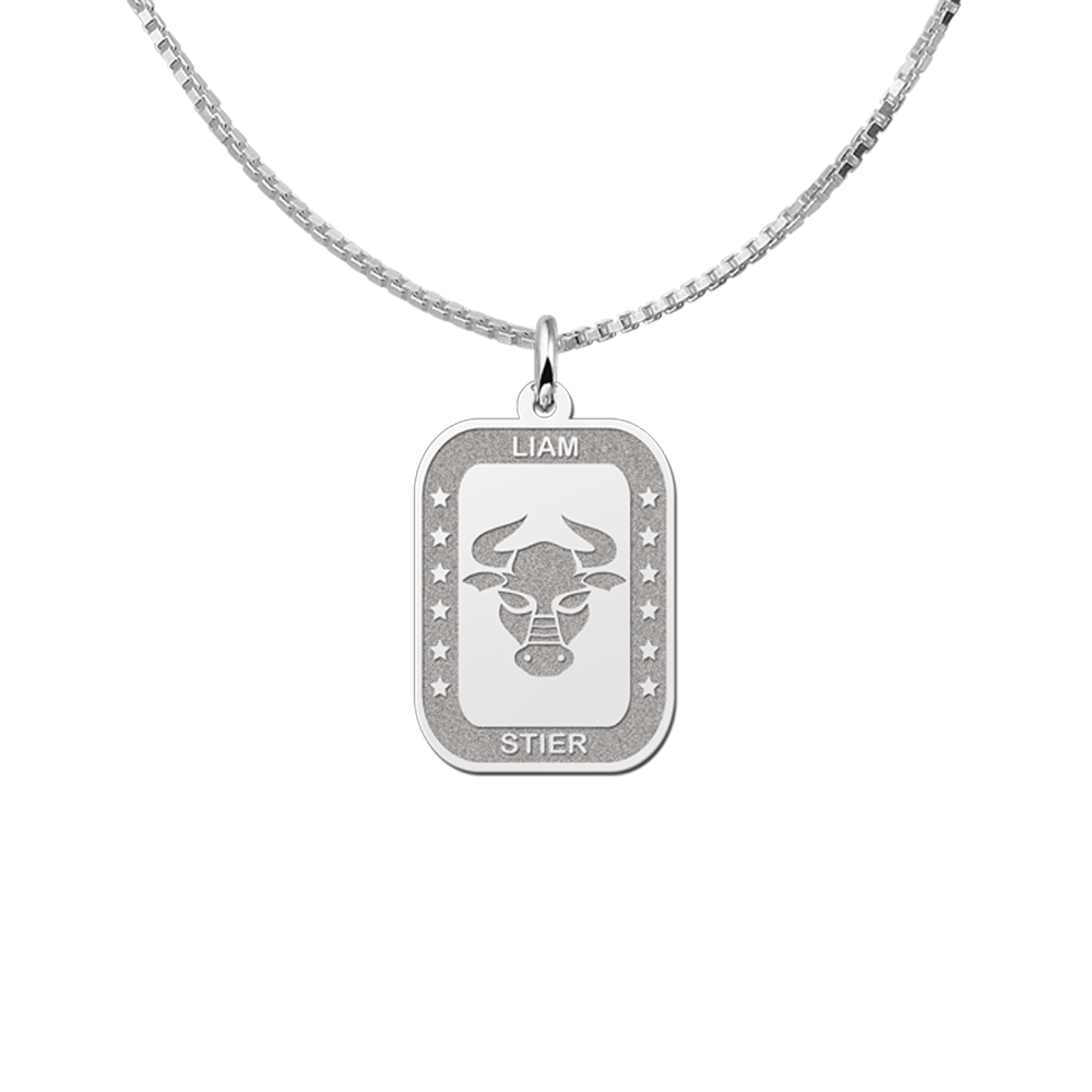 Silver Rectangular Zodiac Pendant Taurus with Name Engraving
