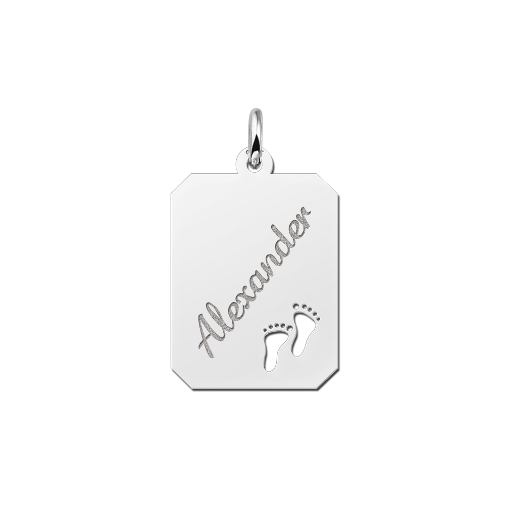 Silver engraved rectangle16 nametag feet