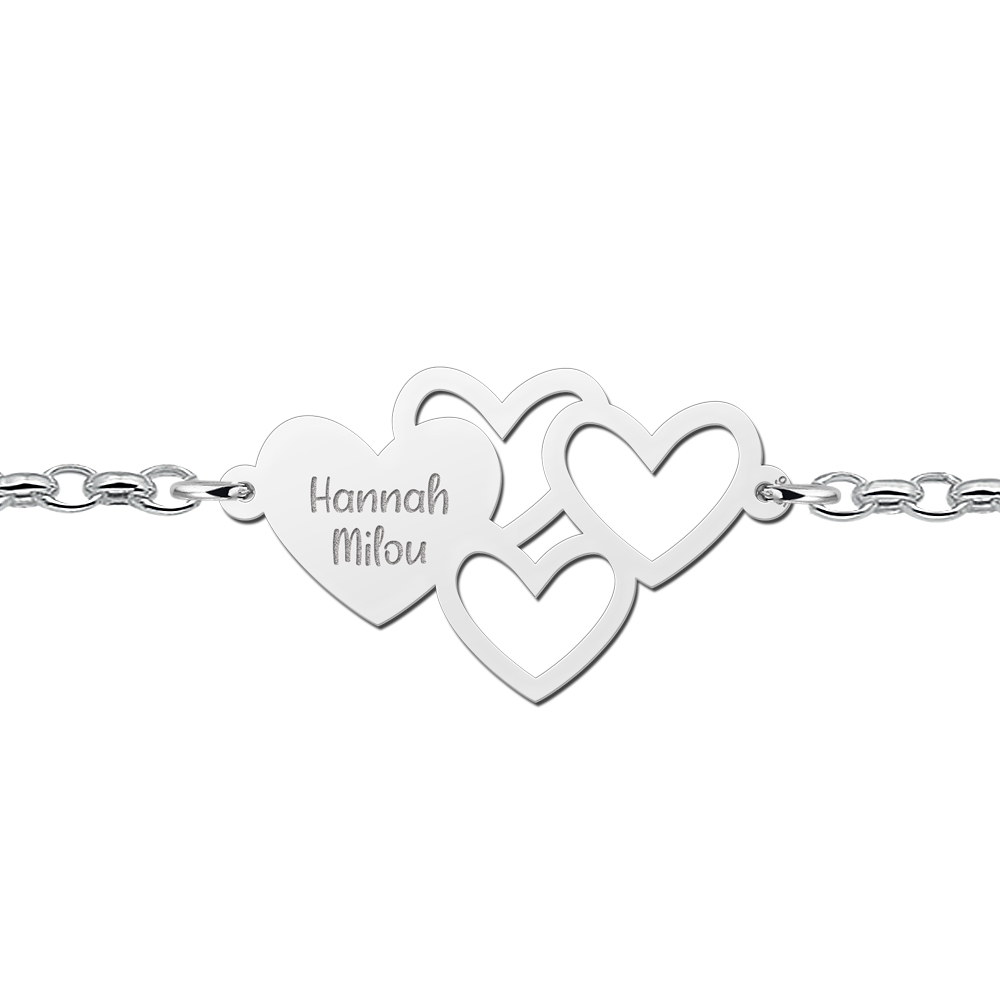 Silver bracelet with names and hearts