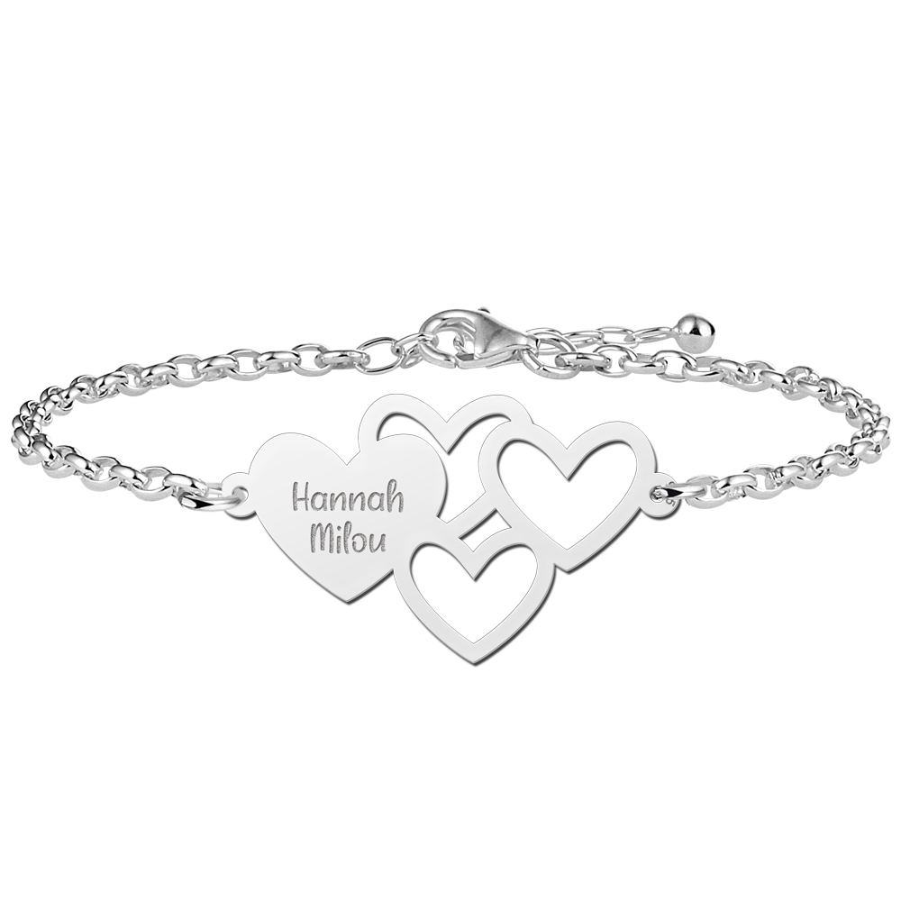 Silver bracelet with names and hearts