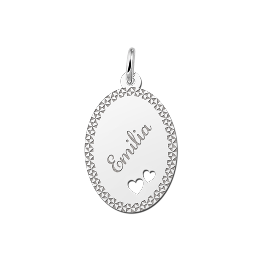Silver oval pendant border & two hearts