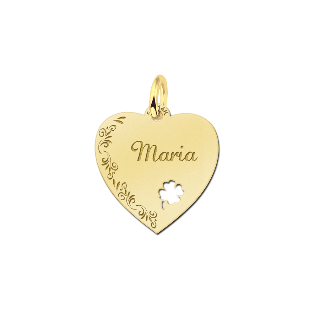 Gold Heart Nametag with Flowerboarder and Four Leaf Clover