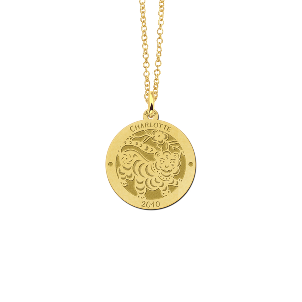 Gold round chinese zodiac pendant tiger