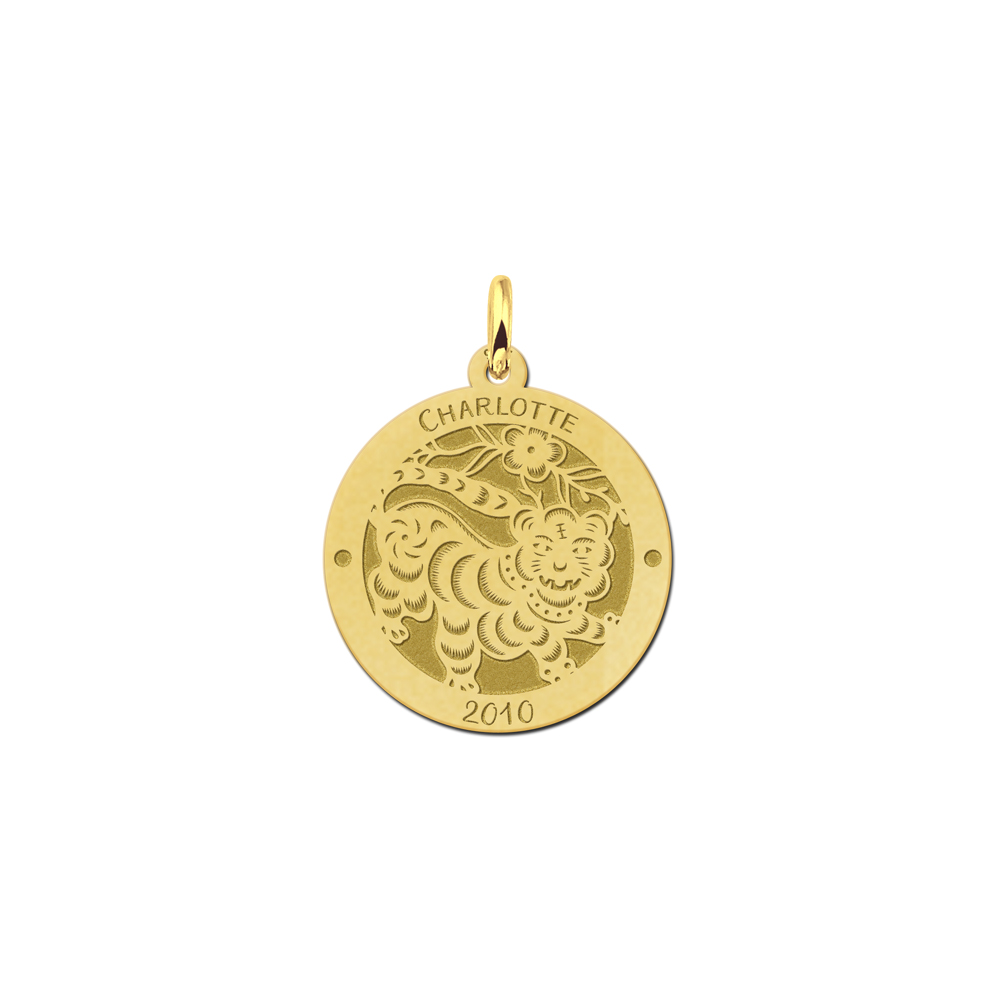 Gold round chinese zodiac pendant tiger