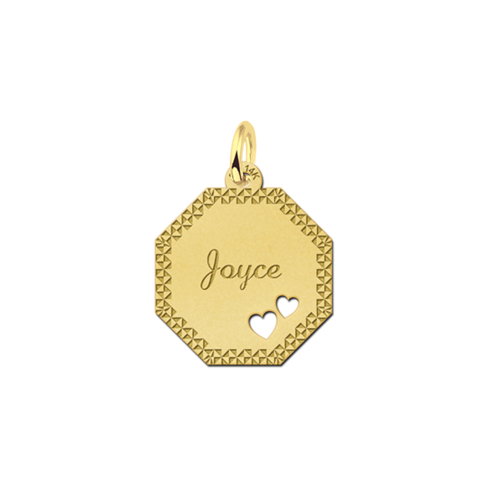 Solid Gold Necklace with Name, Border and Two Hearts