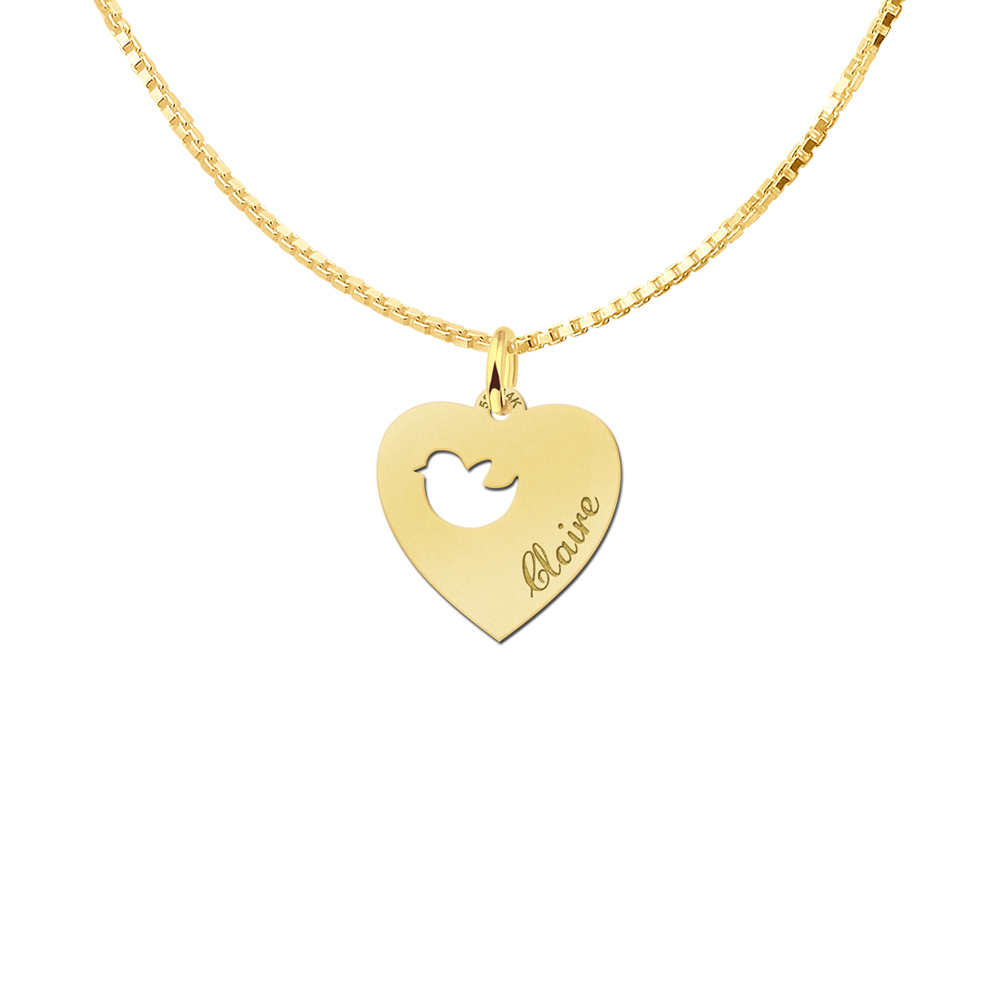 Engraved Gold Heart Pendant, Bird with Name