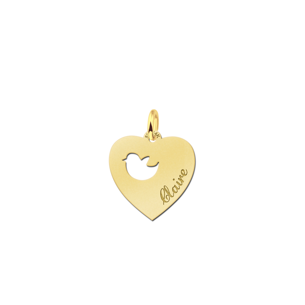 Engraved Gold Heart Pendant, Bird with Name