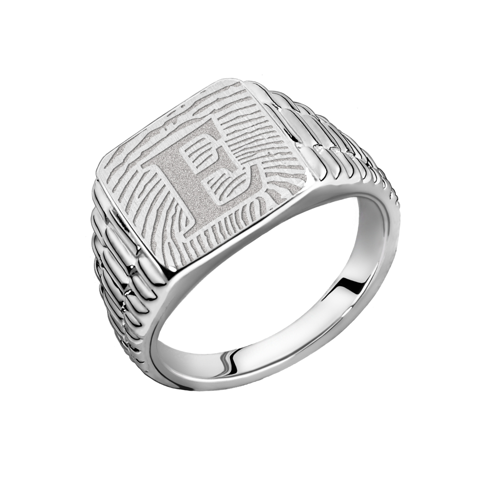 Square Rolex-style signet ring with fingerprint
