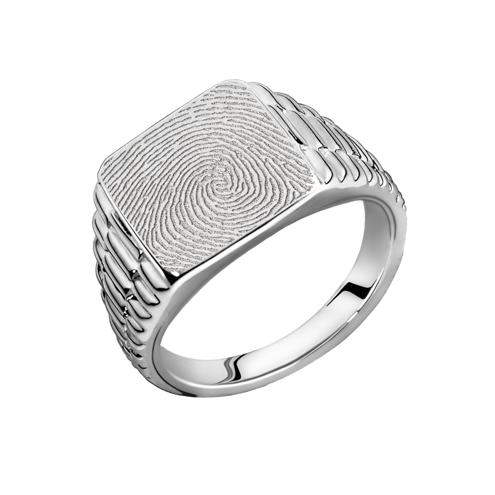 Square Rolex-style signet ring with fingerprint