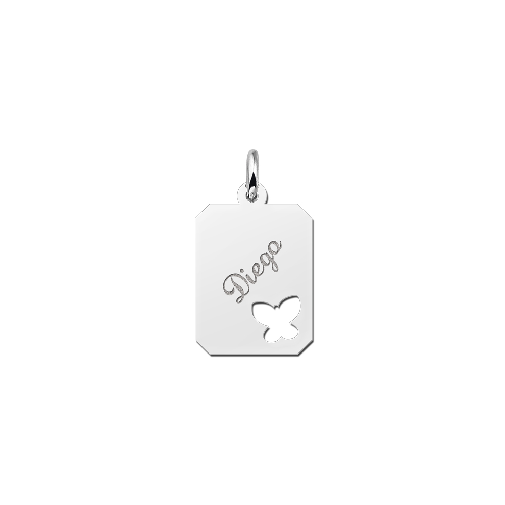 Silver engraved kids rectangle nametag butterfly