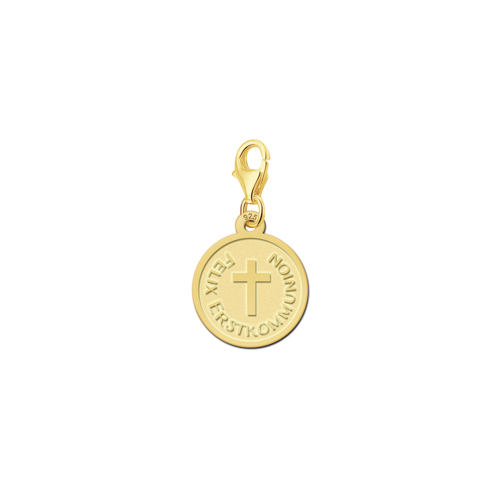 Gold Plated Round Charm with Cross and Custom Text