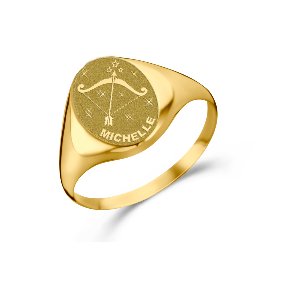 Gold signet ring oval with horoscope and name engraving