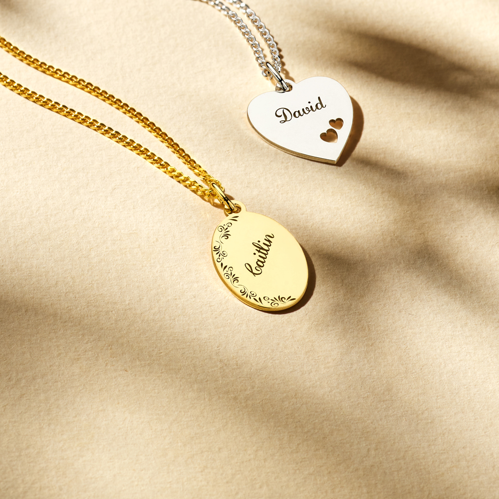 Gold Oval Necklace with Name and Flowers