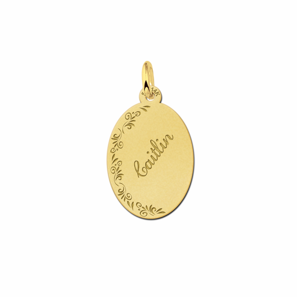 Gold Oval Necklace with Name and Flowers