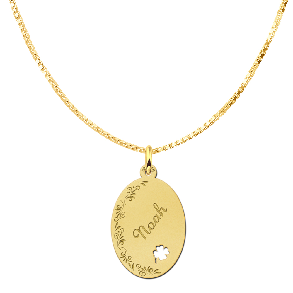 Engraved Golden Oval Necklace with Flowers and Four Clover Large
