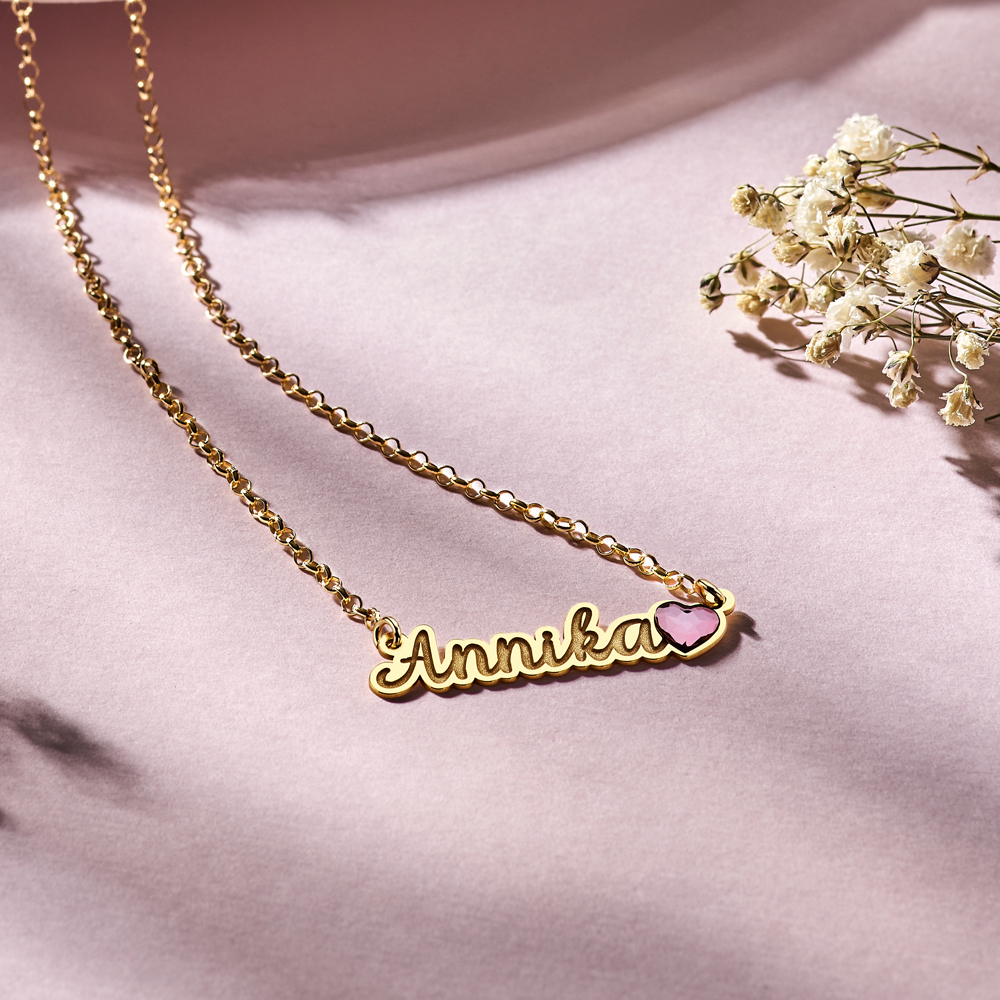 Gold name necklace with heart stone model Annika