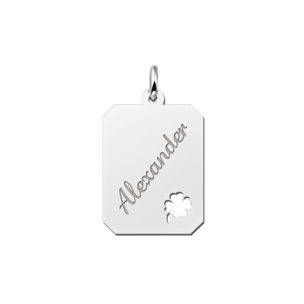 Silver engraved rectangle16 nametag 4leafclover