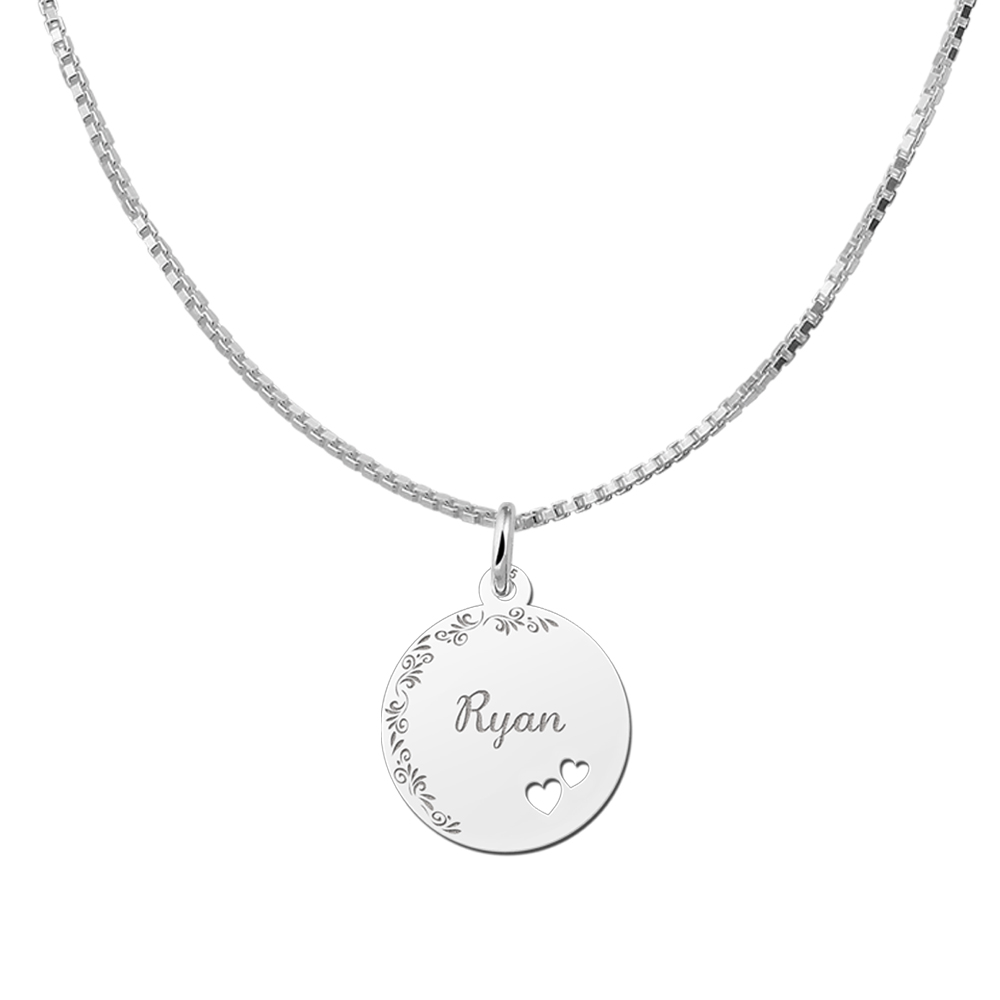 Silver Disc Necklace with Name, Flower Border and Two Hearts