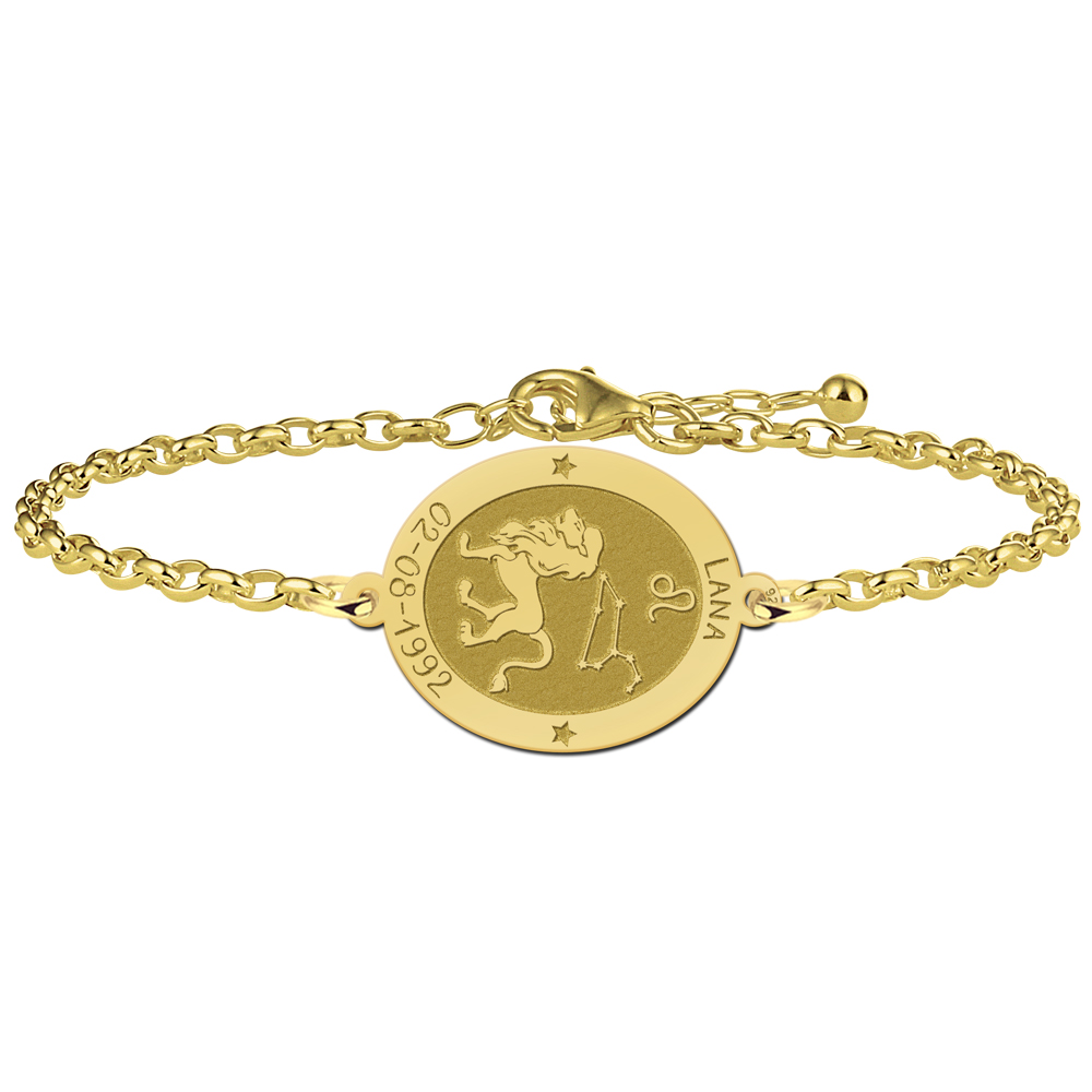 Gold Plated Oval Leo Zodiac Bracelet with Name and Date