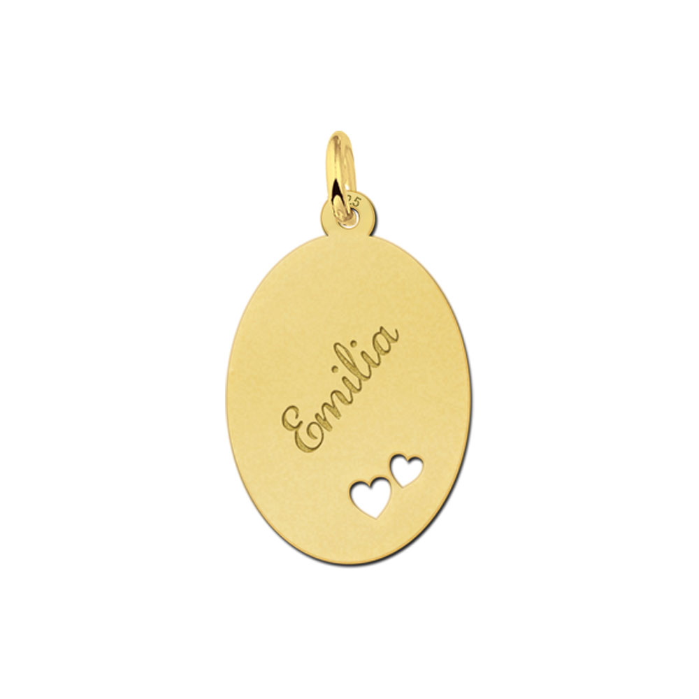 Gold-plated oval pendant with two hearts