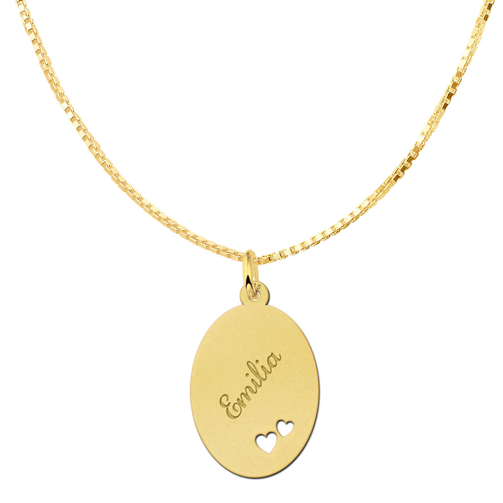 Gold-plated oval pendant with two hearts