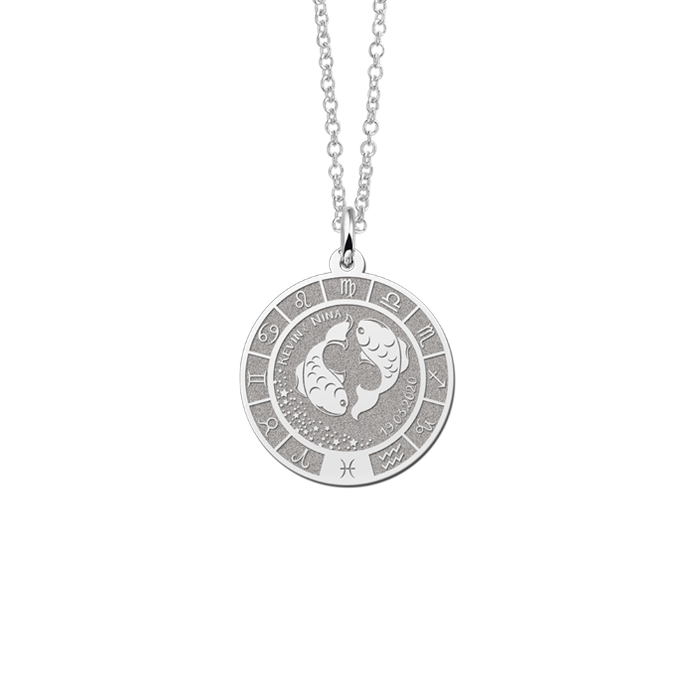 Silver Round Zodiac Pendant Pisces with Name Engraving