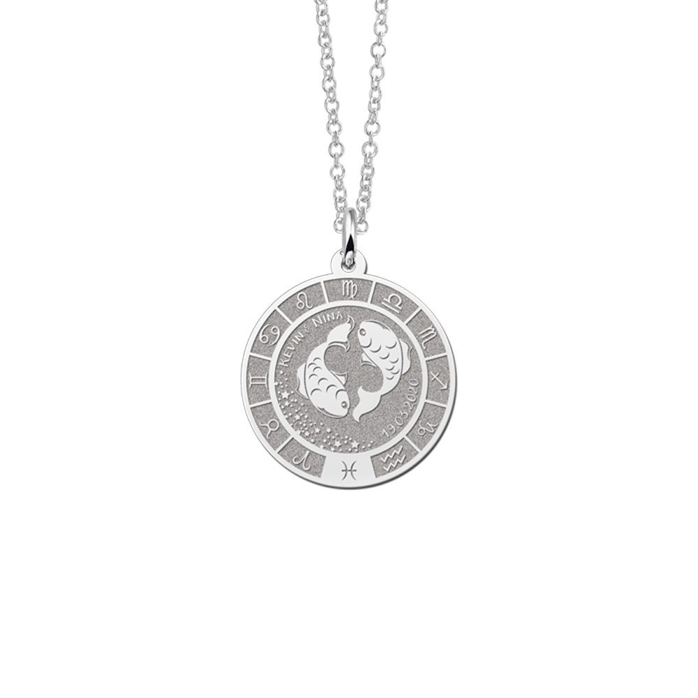 Silver round pendant zodiac pisces