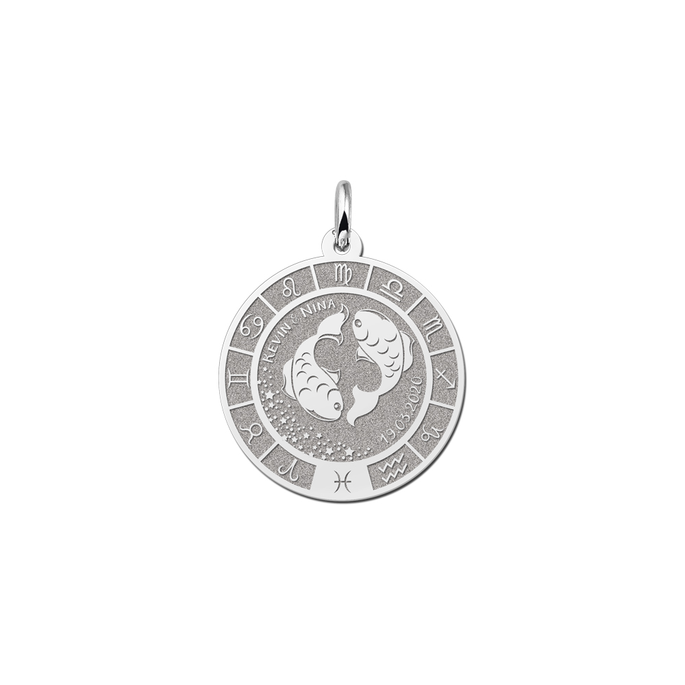Silver Round Zodiac Pendant Pisces with Name Engraving