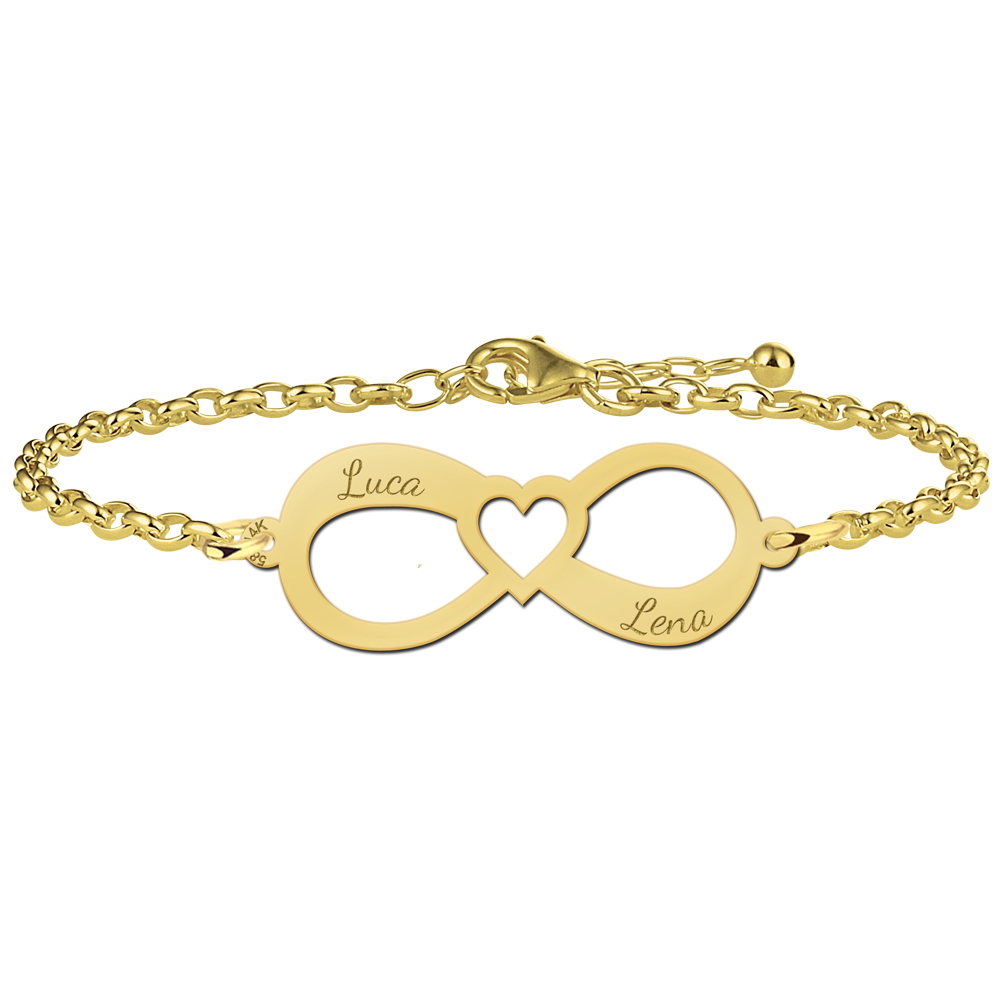 Golden infinity bracelet with two names with heart