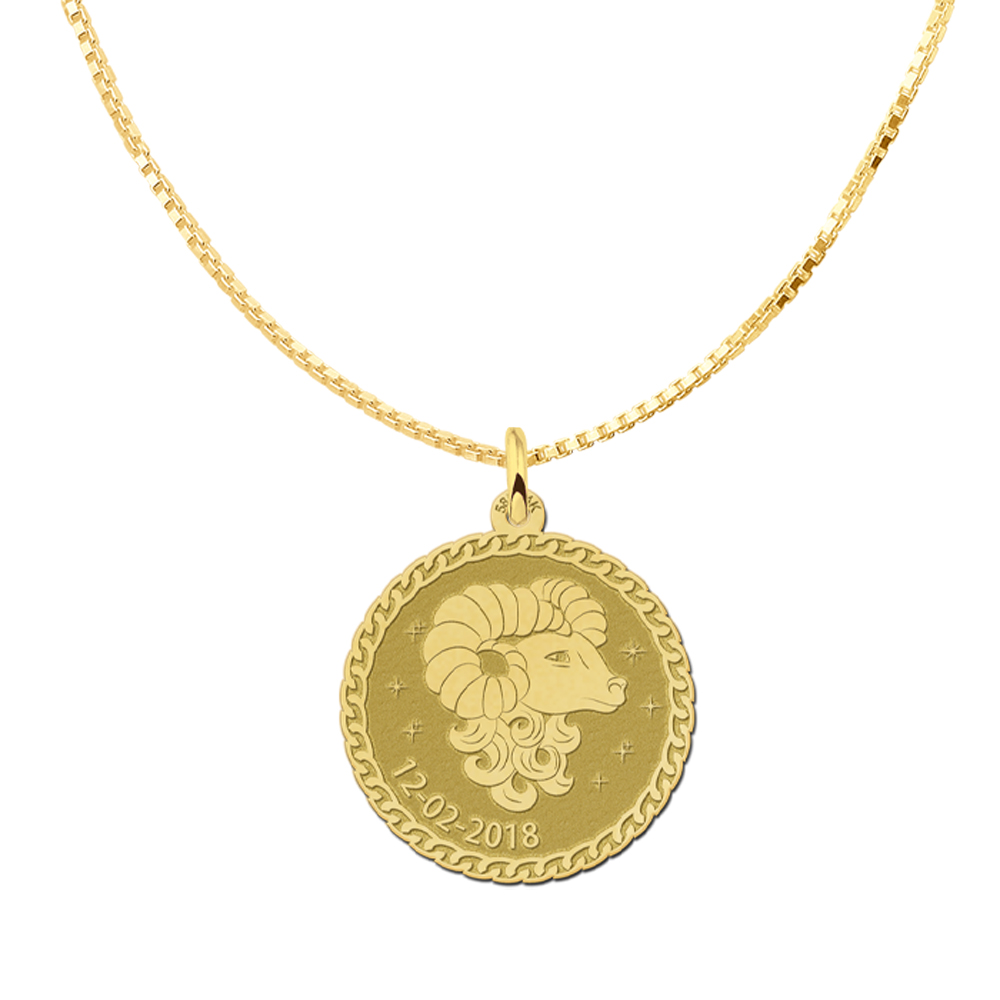 Golden round zodiac pendant Aries