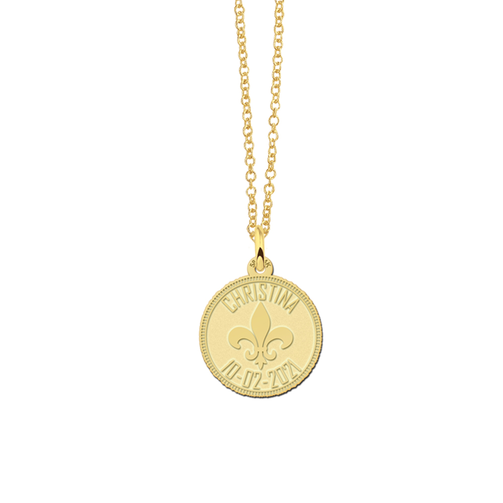 Gold coin pendant fleur de lille and engraving