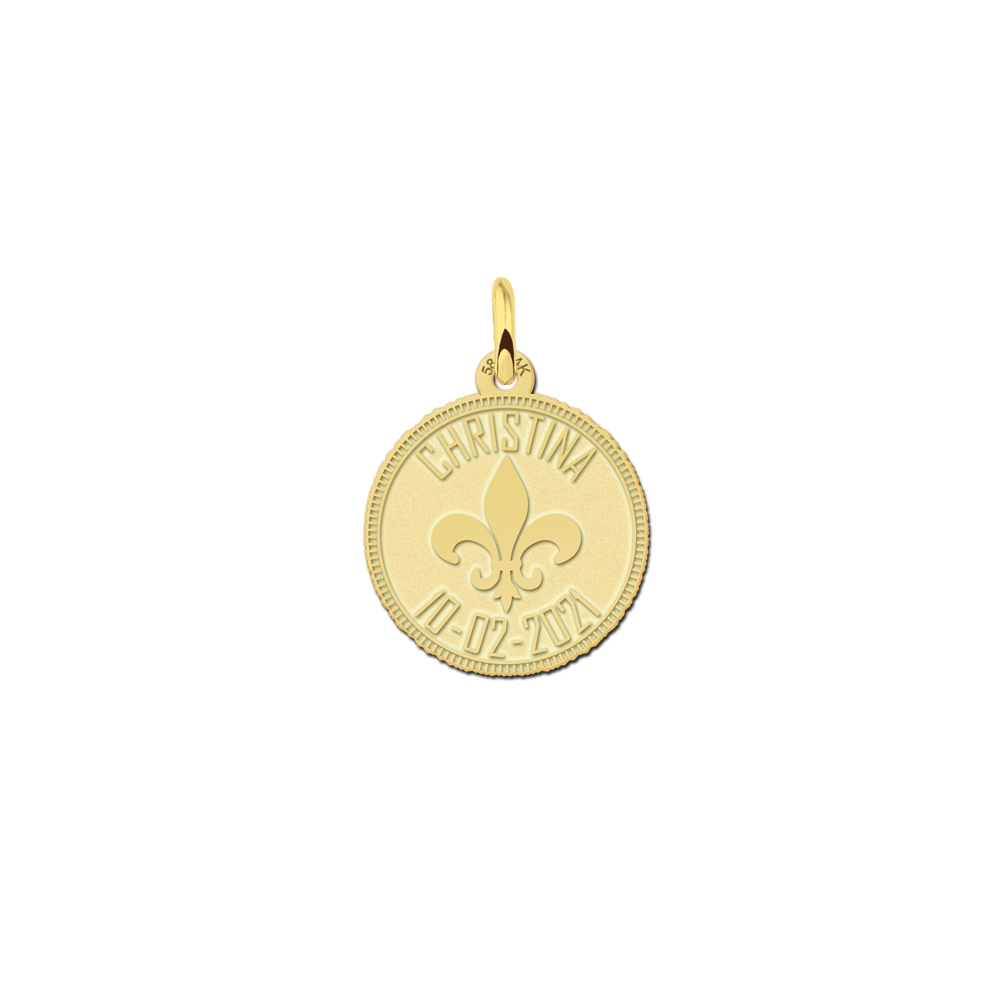 Gold coin pendant fleur de lille and engraving