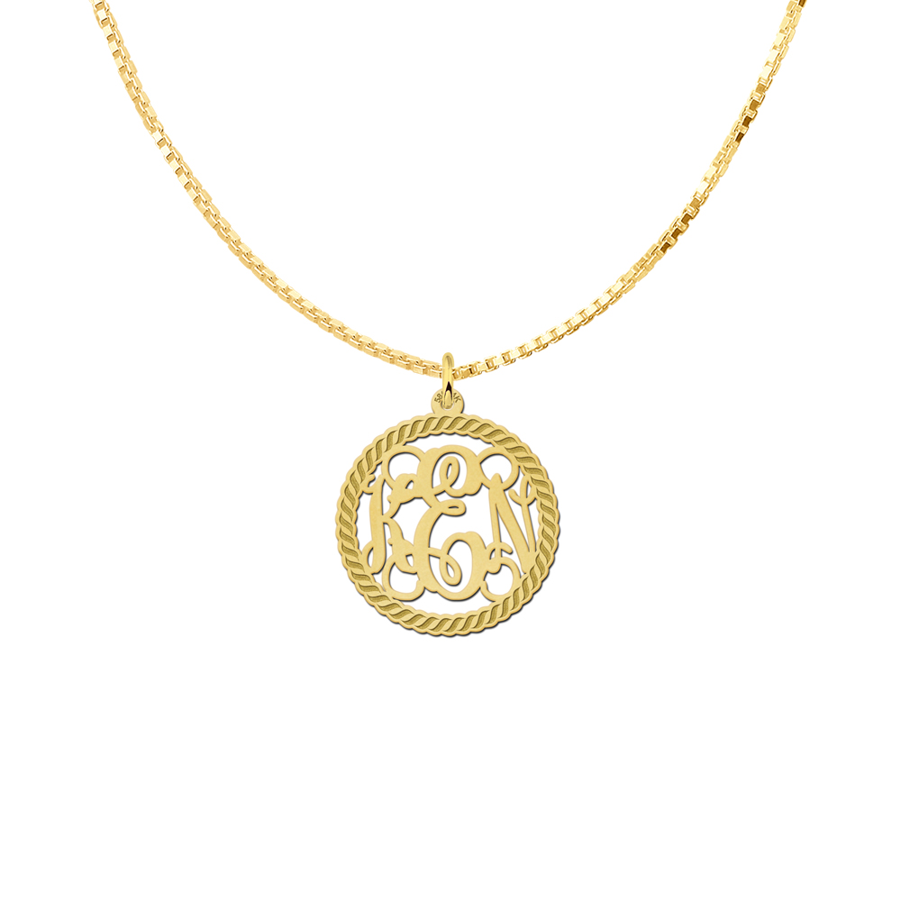 Gold Monogram Necklace with Engraved Border, Medium