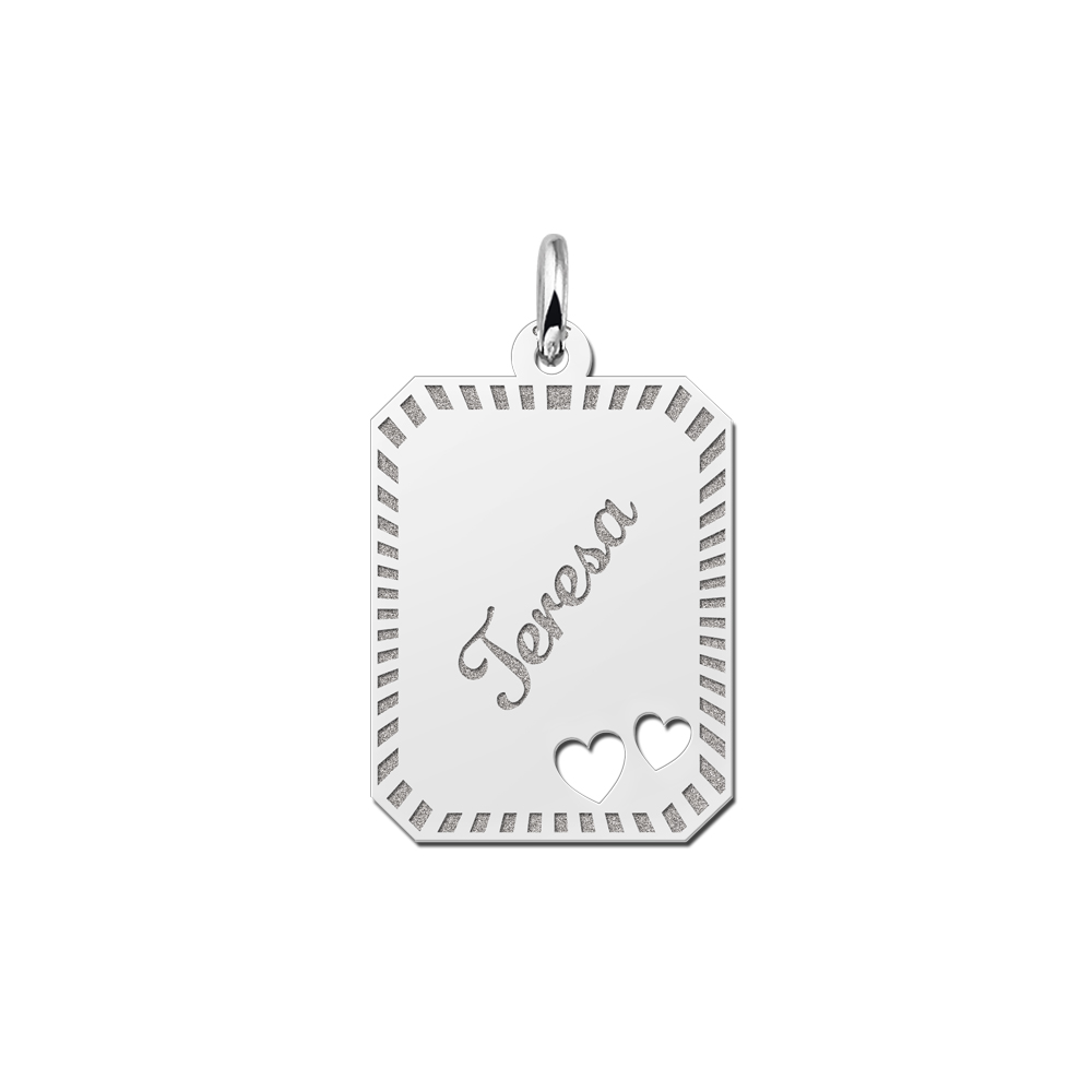 Silver engraved rectangle16 nametag design hearts