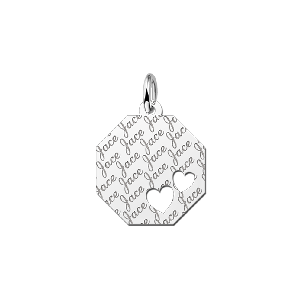 Silver octagonal pendant name pattern & 2 hearts