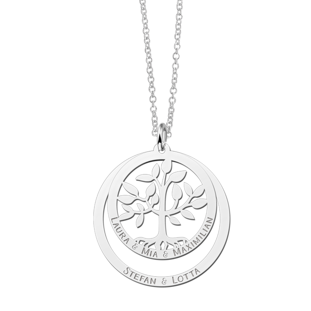 Silver round family pendant with tree of life