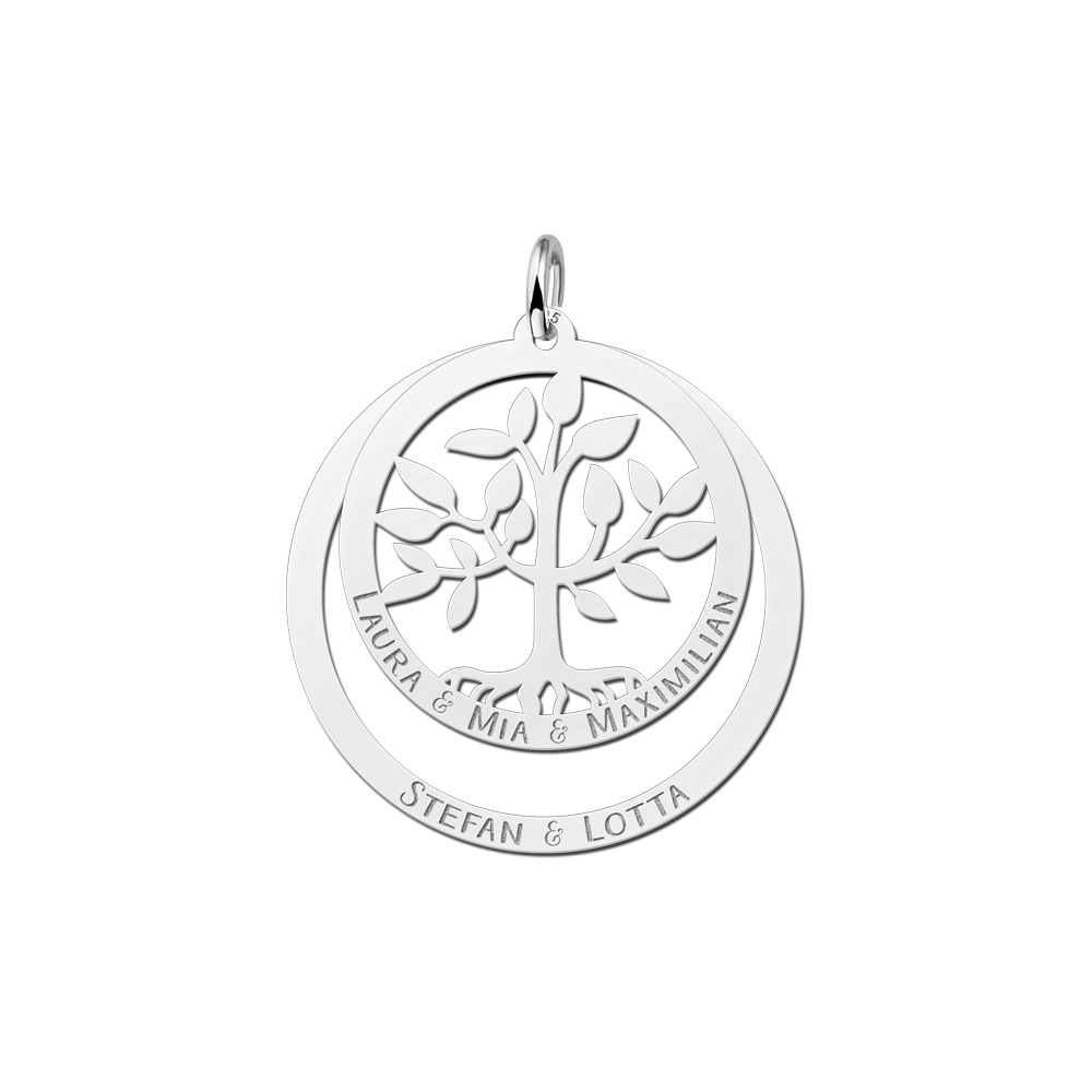 Silver round family pendant with tree of life