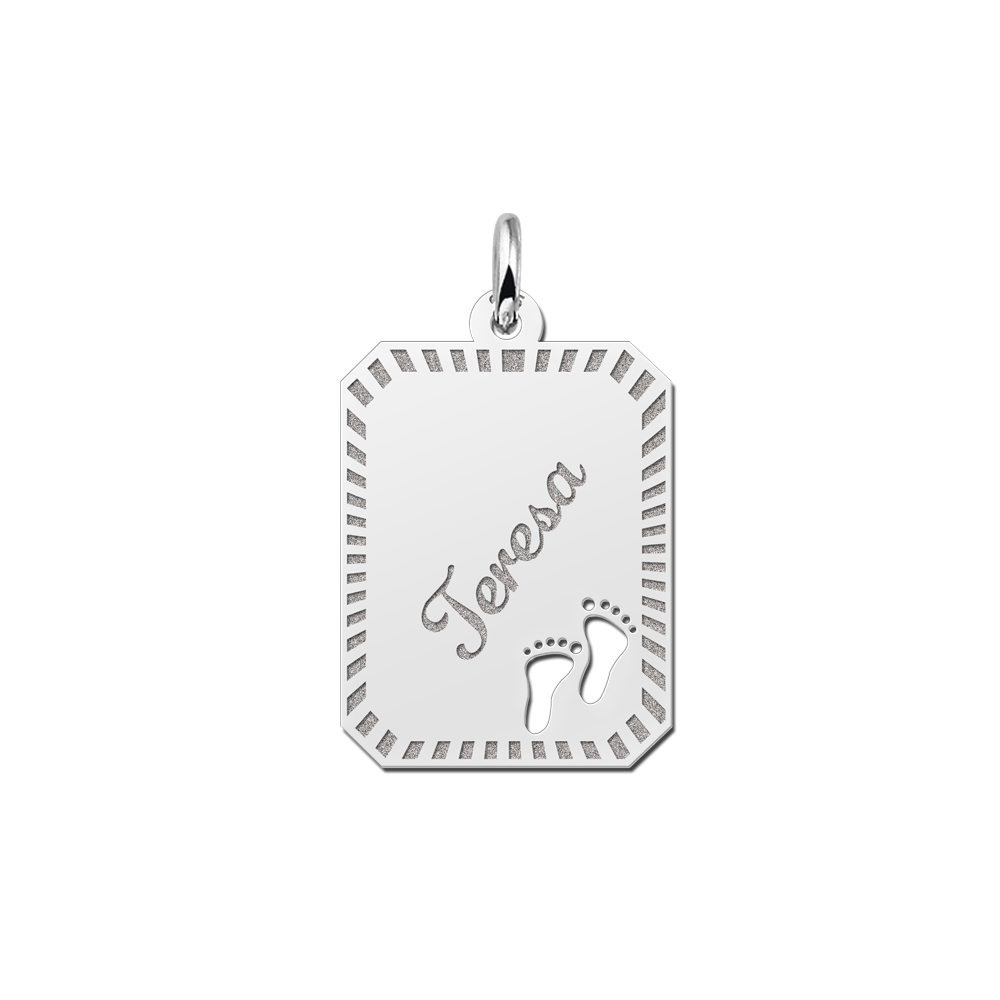 Silver engraved rectangle16 nametag design feet