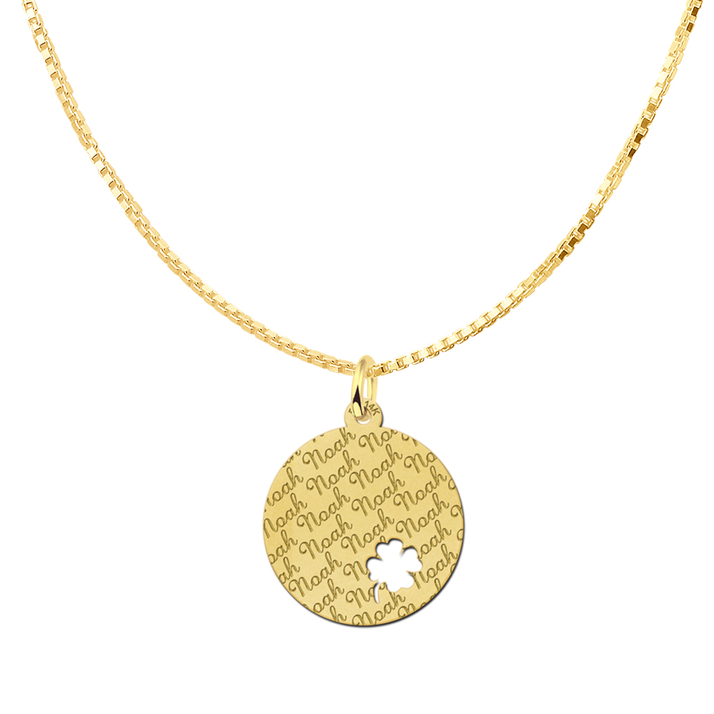 Repeatedly Engraved Gold Disc Necklace with Four Leaf Clover