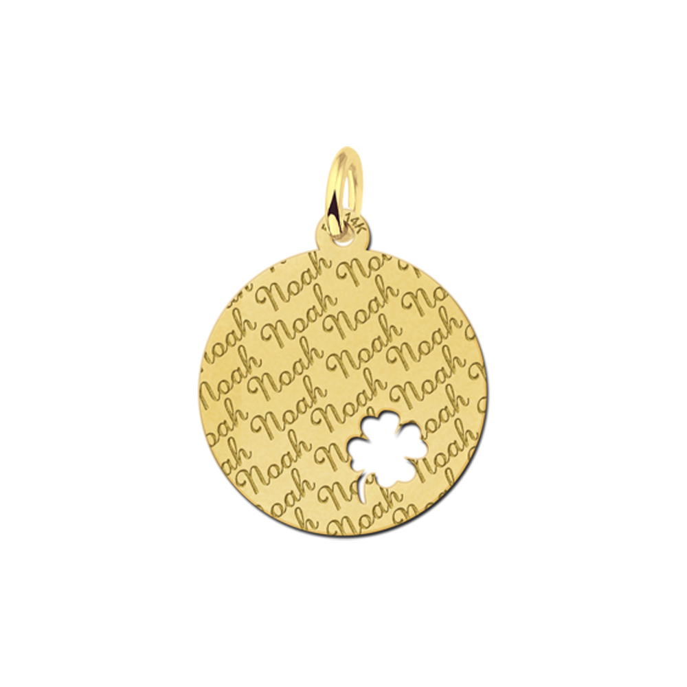 Repeatedly Engraved Gold Disc Necklace with Four Leaf Clover