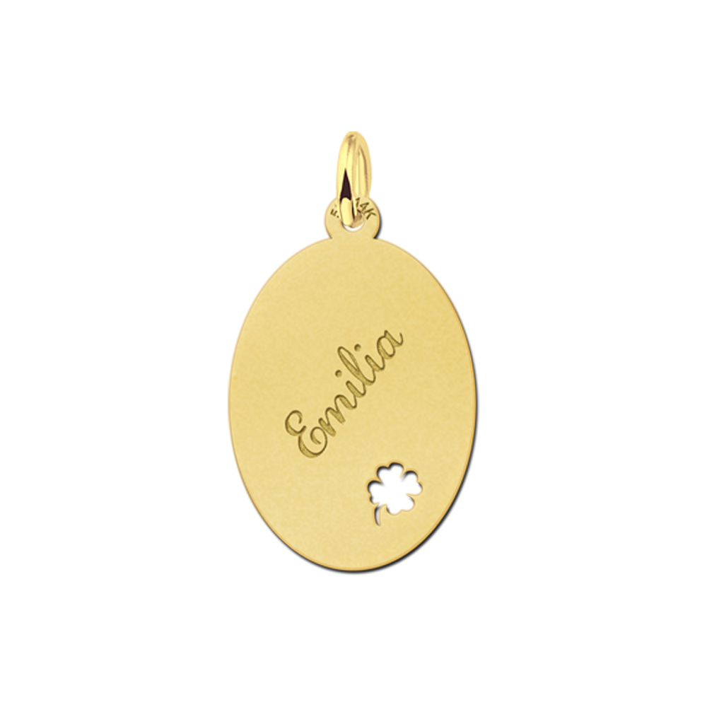 Engraved Golden Oval Necklace with Four Clover Large