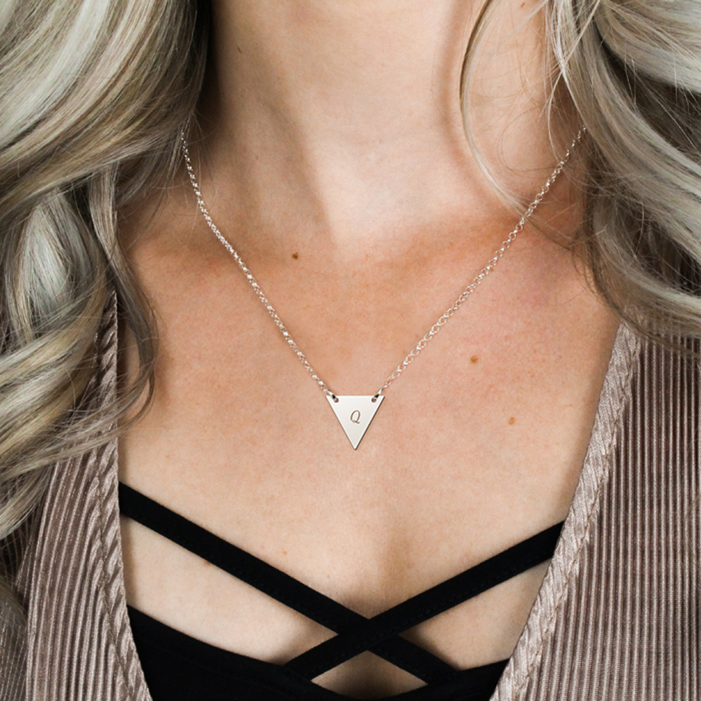 Silver minimalist triangular pendant with initial