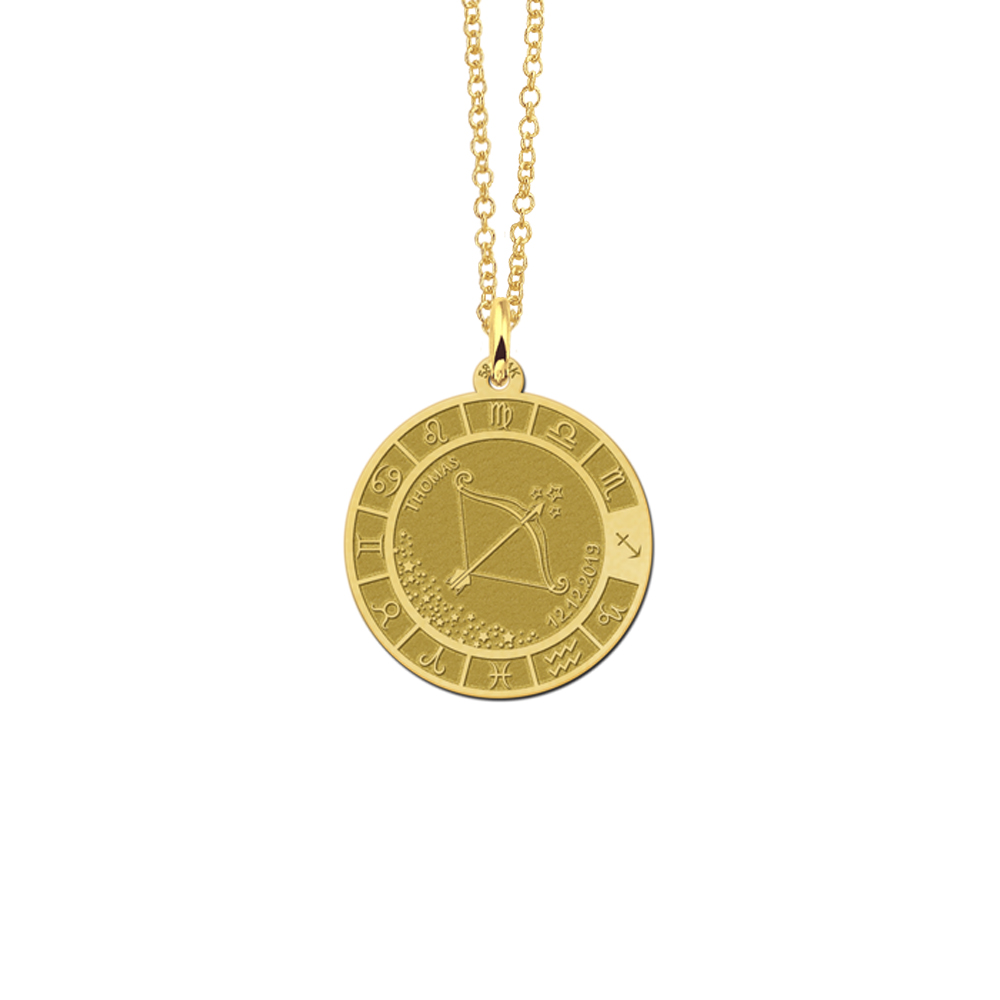 Gold round pendant zodiac sagittarius