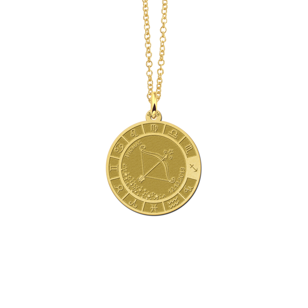 Gold round pendant zodiac sagittarius
