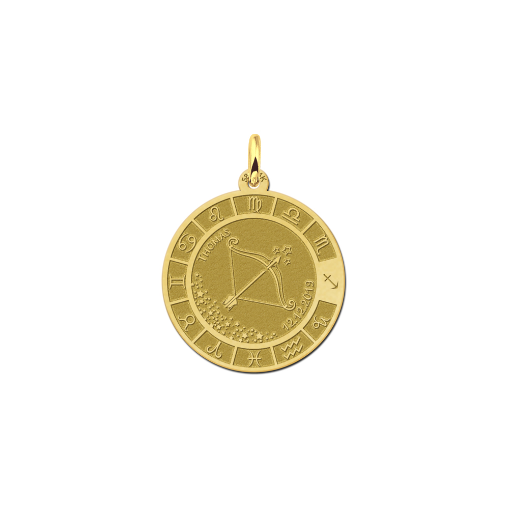 Gold round pendant zodiac sagittarius