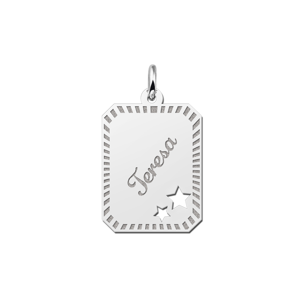 Silver engraved rectangle16 nametag  design stars