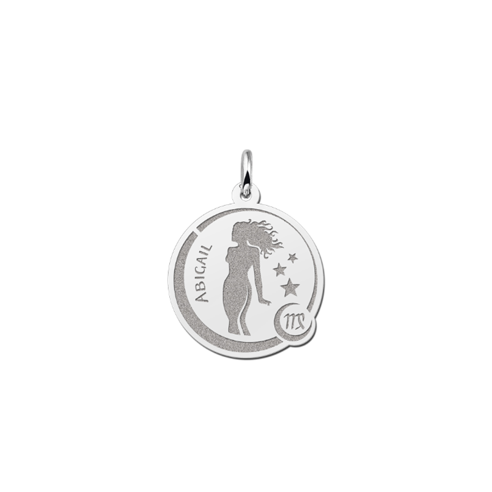 Silver Round Zodiac Pendant Virgo with Name Engraving