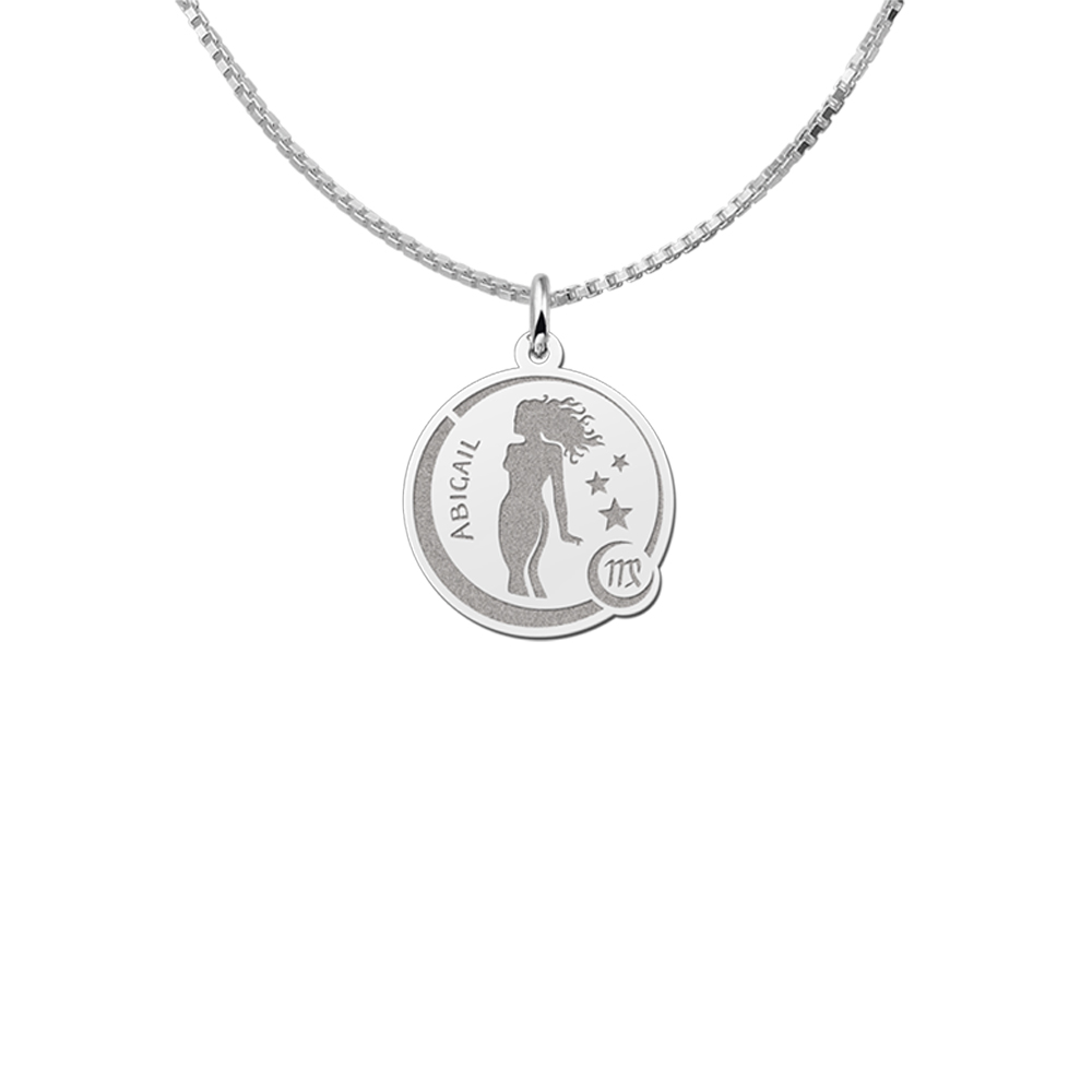Silver Round Zodiac Pendant Virgo with Name Engraving