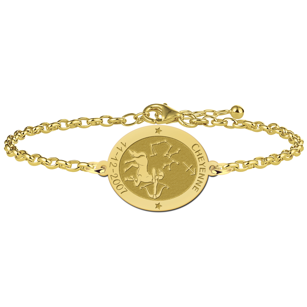 Gold Plated Oval Sagittarius Zodiac Bracelet with Name and Date