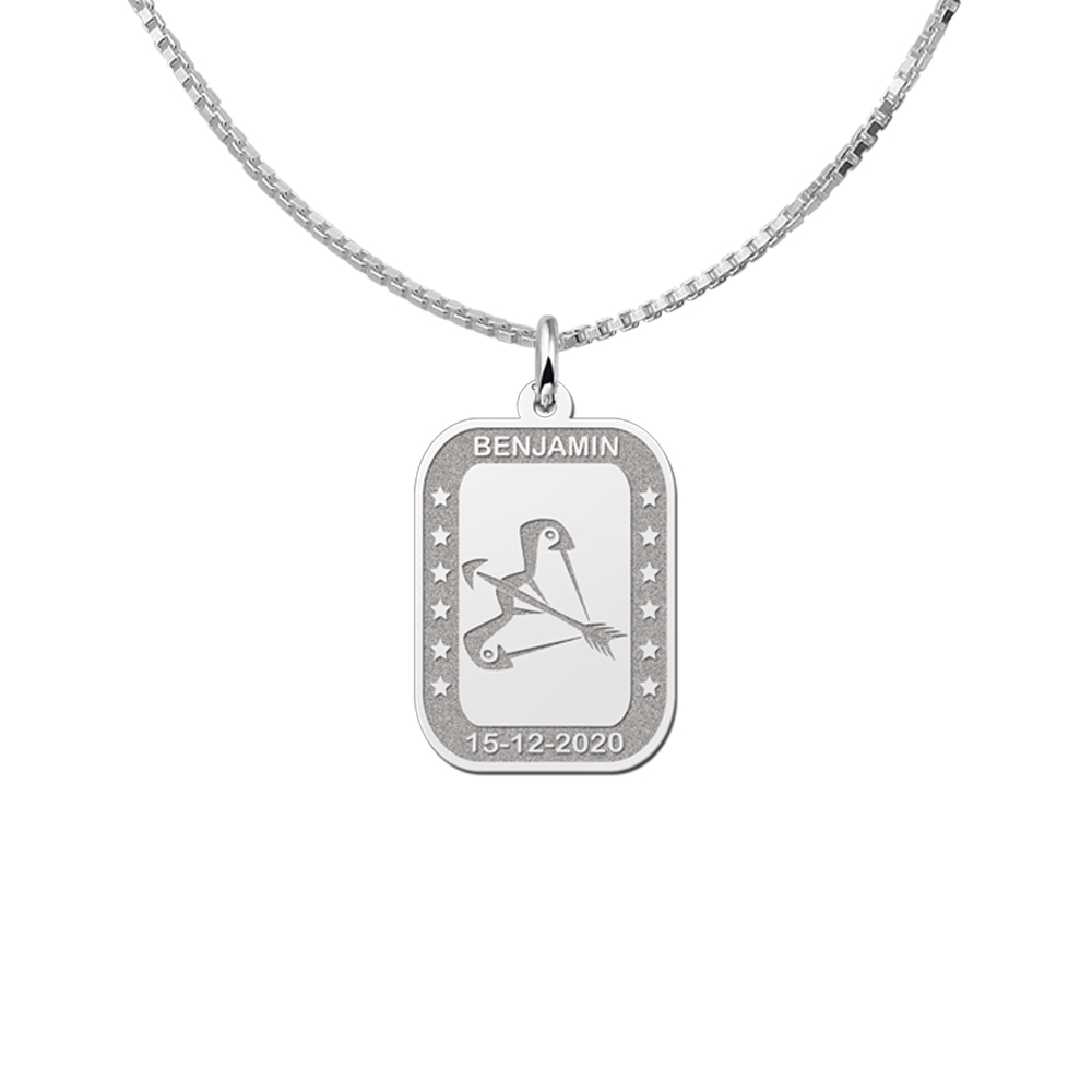 Silver Rectangular Zodiac Pendant Sagittarius with Name Engraving